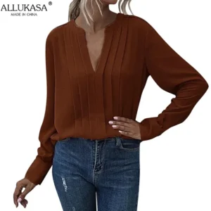 Allukasa Women Chiffon Blouse Female V Neck Casual Long Sleeve Pleated Solid Color Pullover Fashion Office Shirt Ladies Clothing - Image 4