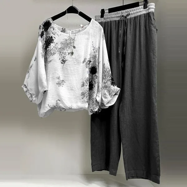 Two Piece Set Women Outifit Fashion Floral Print Long Sleeve O Neck Blouse + Wide Leg Pants Sets Lady Spring Loose Trousers Suit - Image 3