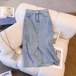 Women Washed Long Denim Skirt Vintage Fashion High Waist Skirt Streetwear Korean All-Match Straight Female A-Line Jeans Skirt - Image 3