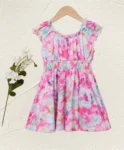 Girls tie-dye printed dress-rinked short sleeves and elastic waist design