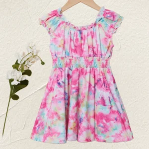 Girls tie-dye printed dress-rinked short sleeves and elastic waist design