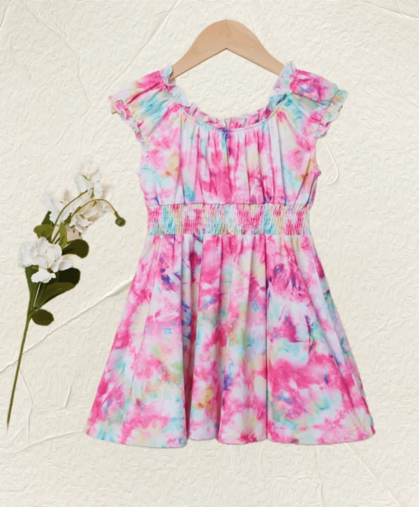 Girls tie-dye printed dress-rinked short sleeves and elastic waist design