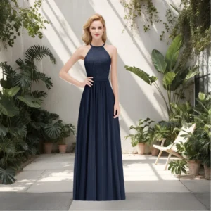 Chiffon A-line Wedding Party Guest Gown Sexy Halter Bridesmaid Dress Neckline Sleeveless Floral Lace Appqulies Evening Dress