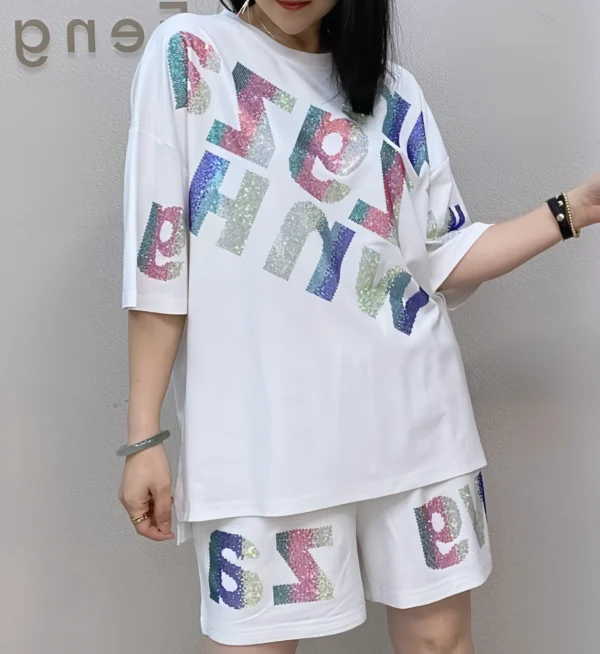 Oversized summer short-sleeved T-shirt and shorts casual set, Rhinestone wide-leg pants two-piece women's set - Image 6
