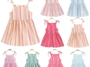 2025 Summer Girls Korean Version Strappy Dress Kids Pink Sleeveless Printed Dress Baby Cotton And Linen Casual Princess Dress