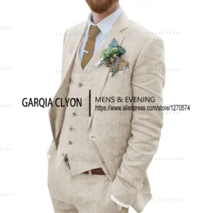 3 Piece Men's Retro Linen Men Suit Beach Wedding Suit Summer Slim Fit Linen Suit Groomsmen For Wedding（Blazer+Vest+Pants) - Image 4