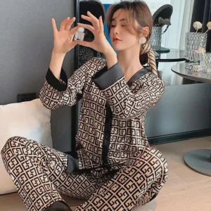 Spring and Summer New Ice Silk Pajamas Homewear Set Girls Long-Sleeved V-Neck Cardigan Simulation Silk Lapel Pajamas Homewear Se