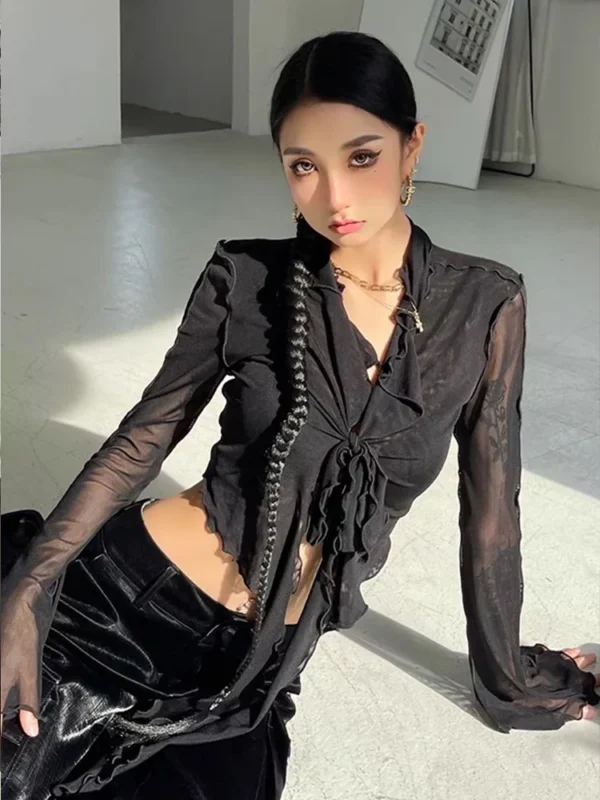 Long Flare Sleeve Blouses for Women Lace-up Mesh Sexy Sweet Hot Girls Korean Fashion Style All-match Solid Design Elegant Casual - Image 5