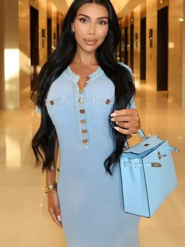 Elegant Contrasting Women Knit Maxi Dress Chic O-neck Short Sleeve Metal Buttons Bodycon Dresses Office Lady Commuting Robe - Image 7