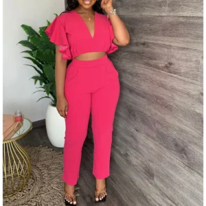 Pant Sets Women Two Piece Sweet Sets Ruffles Short Sleeve V Neck Crop Top High Waist Slim Long Pants Suits Casual Solid Outfits - Image 5
