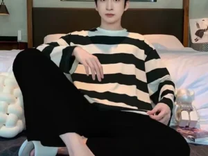 Striped Plus Size Men Pajamas Summer Long Sleeve Casual Sports Loose Black Round Neck T-Shirt and Long Pants Two-Piece Set