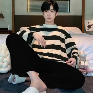Striped Plus Size Men Pajamas Summer Long Sleeve Casual Sports Loose Black Round Neck T-Shirt and Long Pants Two-Piece Set