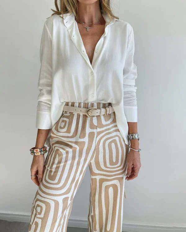 Elegant Office Lady Casual Suit Fashion Solid Long Sleeve Lapel Shirt Elastic Waist Print Trousers Two Piece Set 2024 Autumn New - Image 7