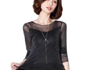 Glitter Mesh Blouse Sexy Womens Shirts Long Sleeve Tops Korean Black Pink O-Neck Elegant Slim Blouse Camisas Femininas