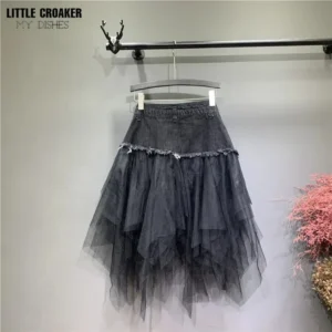 Asymmetrical Denim Jeans Tulle Skirts Womens High Waist Long Mesh Tutu Tassel Pleated Midi Gothic Skirt with Pockets Belt Black - Image 4