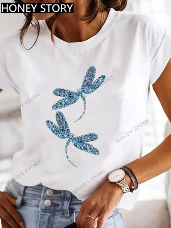 Explosive Dragonfly Butterfly Print Base Top Loose Women's Short-sleeved T-shirt Round Neck Oversized T Shirt Women Clothes TEE - Image 3