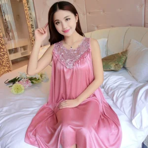 Lace Ice Silk Sleeping Dress Medium Length Sleeveless Tank Top Sexy Sleeping Dress Can Be Worn Externally Home Wear