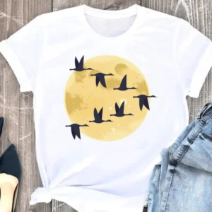 Garment Top Cute Simple Aerial Bird Print Short Sleeve T-shirt Vintage Clothes Harajuku Women Clothes Oversized T Shirt