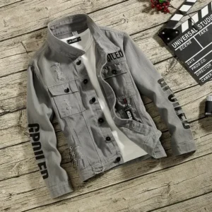 Denim Jackets Man Punk Ripped Jeans Coat for Men Slim Fit with Print Hole Winter 2024 Cheap Price Stylish on Board Fast Delvery - Image 6