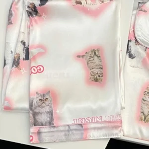 Kawaii Youth Girl's Satin Homewear Short Long Fashion Pyjama Cute Cat Print Summer New Thin Pajamas for Women Silk Home Set - Image 7