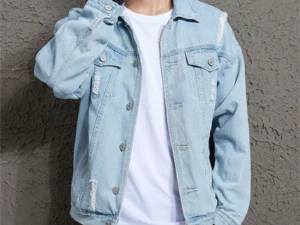 Spring and Autumn New Men's Casual Loose Work Coat Trendy Hole Denim Jacket