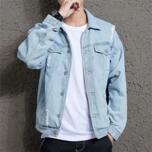 Spring and Autumn New Men's Casual Loose Work Coat Trendy Hole Denim Jacket