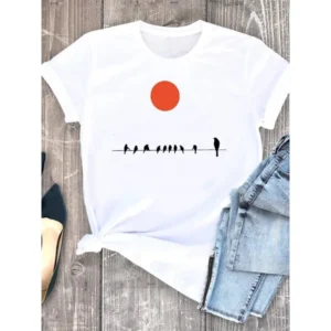 Garment Top Cute Simple Aerial Bird Print Short Sleeve T-shirt Vintage Clothes Harajuku Women Clothes Oversized T Shirt - Image 7