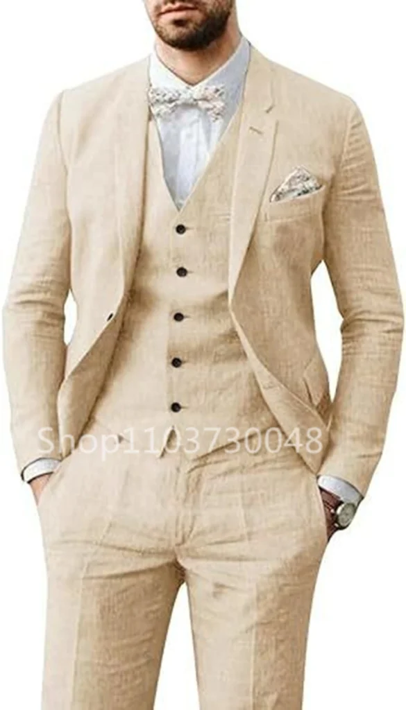 Elegant Beige/Blue Linen Men Suits Casual Single Breasted Slim Fit Blazer Vest Pants High Quality 3 Piece Summer Wedding Suits - Image 5