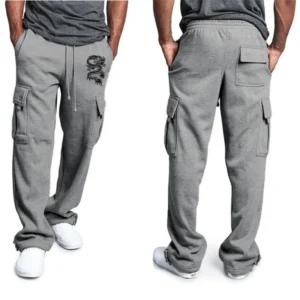 Men Fashion Pants dragon print Solid Color Pockets Baggy Pants Casual Loose Trousers High Waist Drawstring Cargo Pants - Image 6