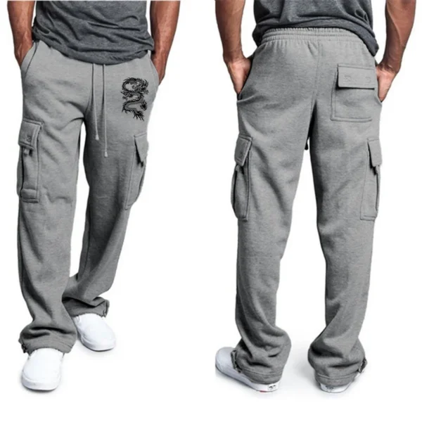 Men Fashion Pants dragon print Solid Color Pockets Baggy Pants Casual Loose Trousers High Waist Drawstring Cargo Pants - Image 6