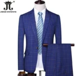 ( Blazer + Pants ) Classic Plaid Men's Casual Business Suit 2 Piece Set High-end Brand Groom Wedding Tuxedo Jacket and Trousers