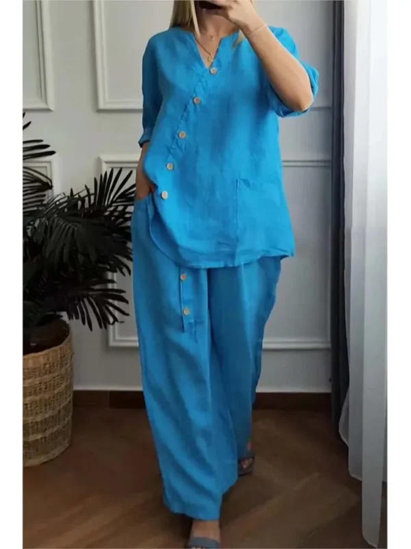Casual 2PCS Fashion Women Suit 2024 Spring Summer 3/4 Sleeve Pocket Button Blouse Loose Pant Sets Work Solid Two Piece Sets - Image 4