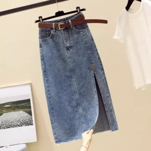 High waisted Denim Skirt Women Casual wear Spring/summer 2024 New Slim Split Buttocks wrapped A-line Skirts Female - Image 4