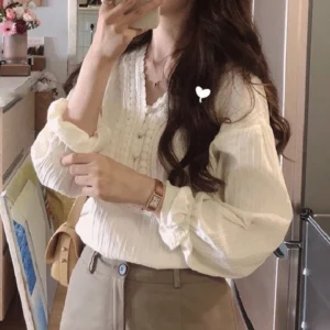 Summer Elegant Lace Blouse Fashion Women New Long Sleeve Loose Casual Shirt Ladies Office Spring V Neck Female Tops 8225 - Image 3