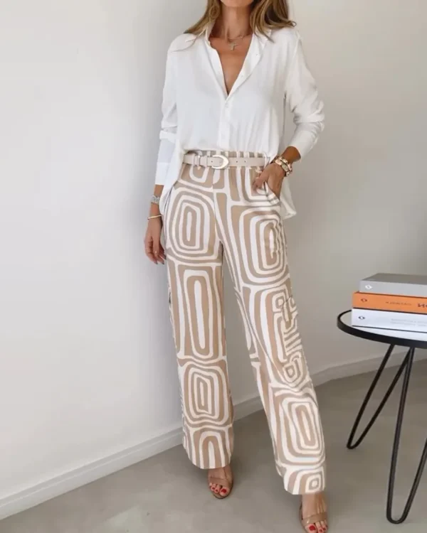 Elegant Office Lady Casual Suit Fashion Solid Long Sleeve Lapel Shirt Elastic Waist Print Trousers Two Piece Set 2024 Autumn New - Image 6