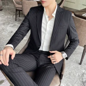 Men's Fashion High-Quality Slim Fit Two-Piece Suit Set Spring Autumn Stripes Business Casual Trousers And Jacket Combo - Image 4
