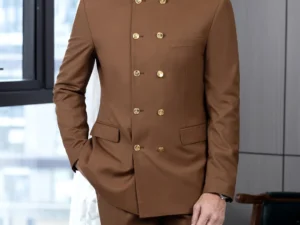 2 Piece Stand Collar Double-Breasted Chinese Style Men's Suits With 3 Real Pocket Wedding SuitsTailored Fit (Blazer+Pants)