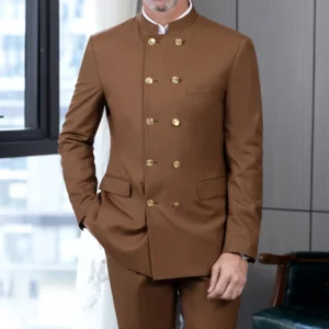 2 Piece Stand Collar Double-Breasted Chinese Style Men's Suits With 3 Real Pocket Wedding SuitsTailored Fit (Blazer+Pants)