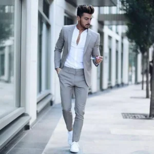 Light Grey Men's Slim Fit 2-Piece Suits for Wedding Business Notch Lapel One Button Jacket & Trousers Smart Casual Men Suits - Image 3