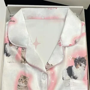 Kawaii Youth Girl's Satin Homewear Short Long Fashion Pyjama Cute Cat Print Summer New Thin Pajamas for Women Silk Home Set - Image 3