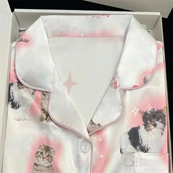 Kawaii Youth Girl's Satin Homewear Short Long Fashion Pyjama Cute Cat Print Summer New Thin Pajamas for Women Silk Home Set - Image 3