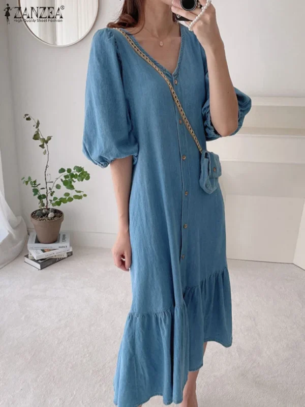 ZANZEA Women Denim Blue Robes Longue Oversized Fashion Summer Puff Sleeve Maxi Vestidos Retro Dress Casual Solid Baggy Sundress - Image 4