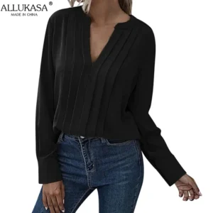Allukasa Women Chiffon Blouse Female V Neck Casual Long Sleeve Pleated Solid Color Pullover Fashion Office Shirt Ladies Clothing - Image 7