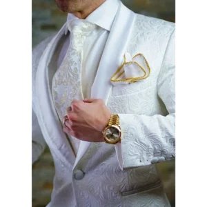Handsome Men Suits White Jacquard One Button Shawl Lapel Slim Fit Blazer Elegant Business Prom Party 2 Piece Jacket Pants Sets - Image 5