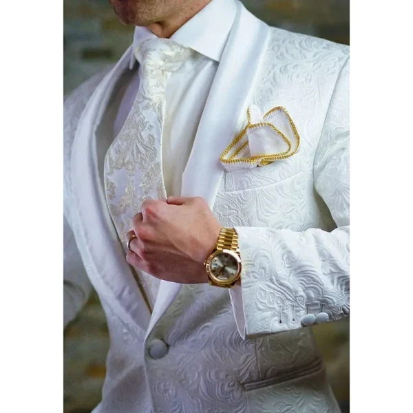 Handsome Men Suits White Jacquard One Button Shawl Lapel Slim Fit Blazer Elegant Business Prom Party 2 Piece Jacket Pants Sets - Image 5