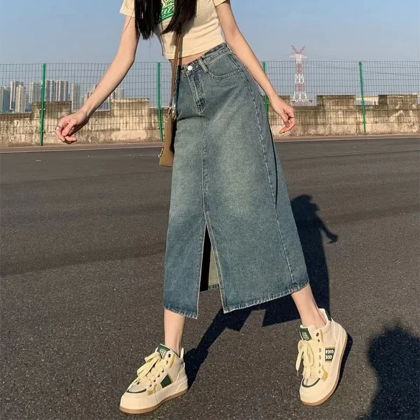 Summer New High-waist Slit Denim Skirt For Women Washed Retro A- line Skirt Hip-covering Straight Long Skirt - Image 6
