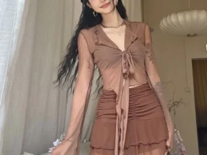 Long Flare Sleeve Blouses for Women Lace-up Mesh Sexy Sweet Hot Girls Korean Fashion Style All-match Solid Design Elegant Casual