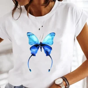 Butterfly T-shirt Watercolor Butterfly Top Tide Round Neck Large Size Retro Short-sleeved T-shirt Women's Fashio Clothing Tee - Image 7