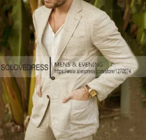 Summer Linen Suit Men Casual Party Classic Blazer Pants 2 Pieces Holiday Travel Tailor-made Breathable Cool Male Outfits