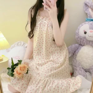 New Summer Korean Style Women's Halter Nightgown Homewear Girls Loose Small Floral Dress Students Sweet Homewear Dresses